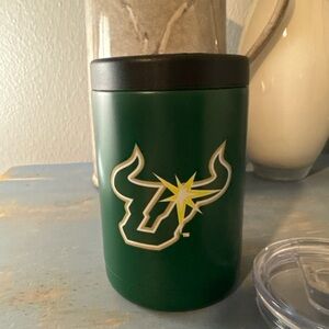 stainless steel with USF/TB Logo that is a coosie and cup.
